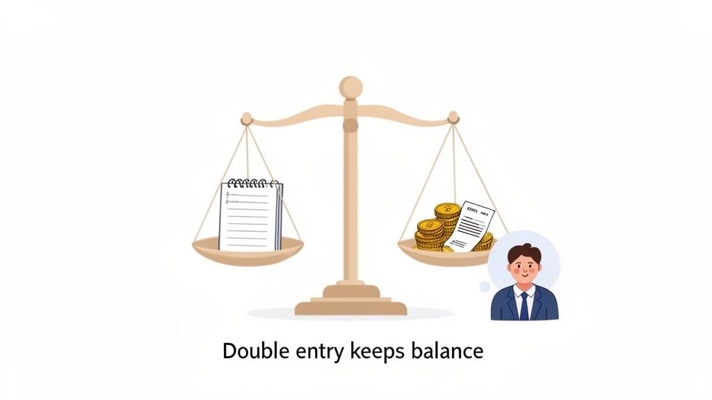 A balance scale with ledgers on one side and money with documents on the other, illustrating double entry bookkeeping.