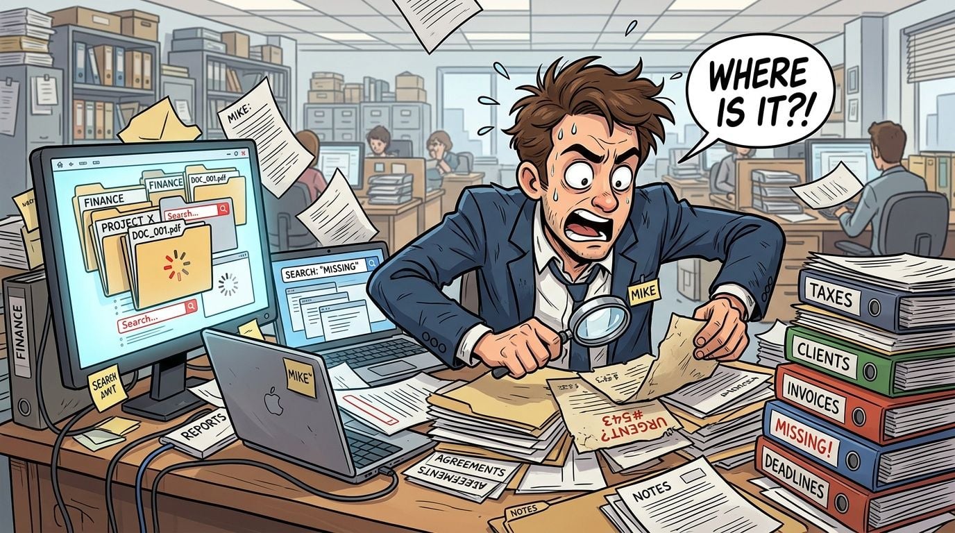 A stressed office worker named Mike frantically searching for a missing document among piles of paperwork.