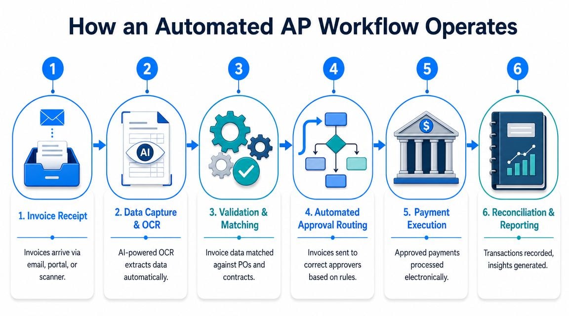 A six-step diagram illustrating the process flow of an automated accounts payable workflow from receipt to reporting.