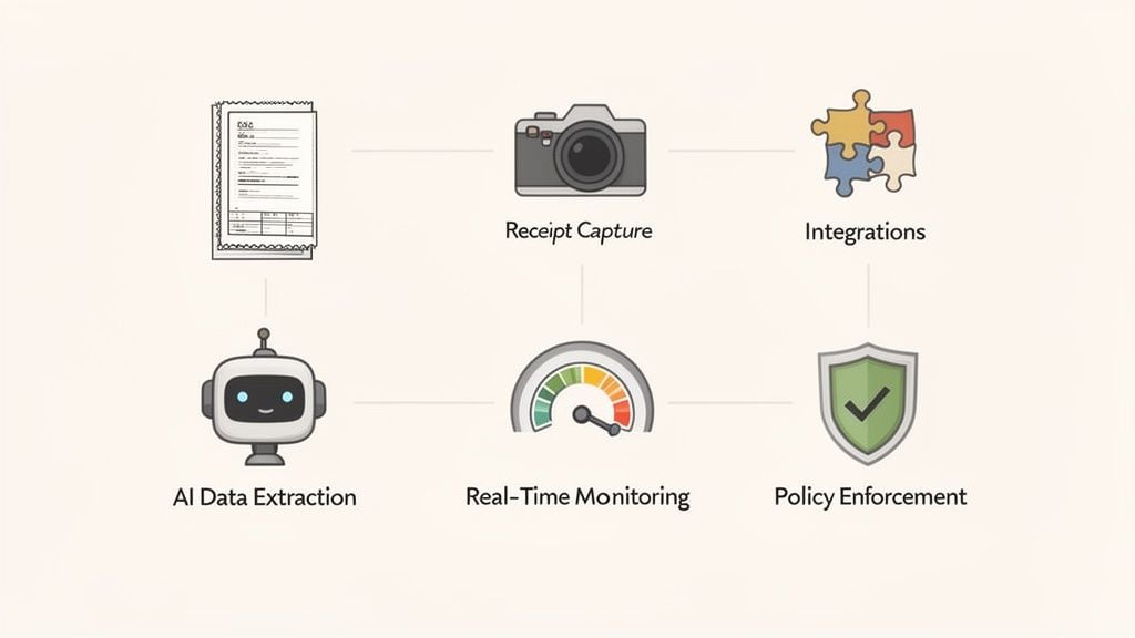 A visual workflow diagram detailing a business expense management process from receipt capture to policy enforcement.