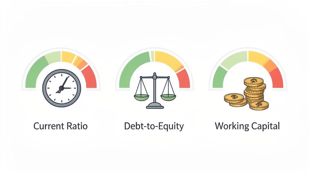 Financial dashboard with gauges for Current Ratio, Debt-to-Equity, and Working Capital, indicating strong business performance.