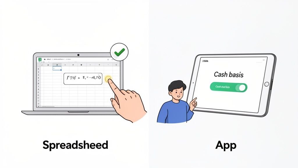Illustration contrasting a hand using a spreadsheet on a laptop with a person using a 'Cash basis' app on a tablet.