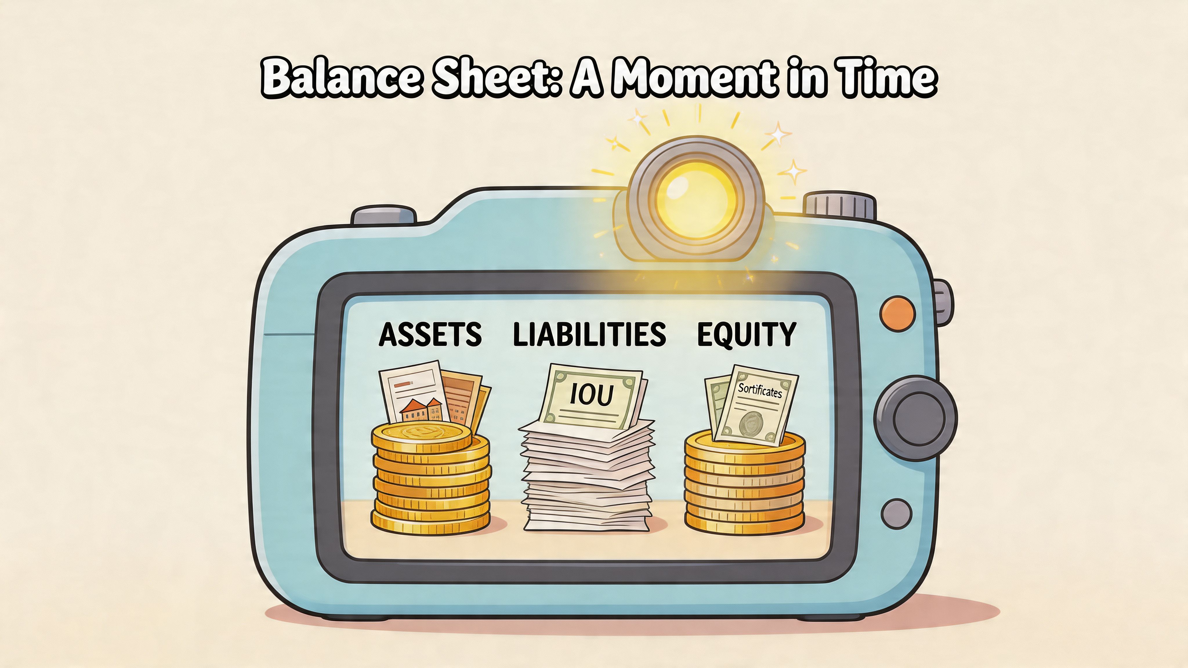 A cartoon camera framing the three components of a balance sheet: Assets, Liabilities, and Equity.