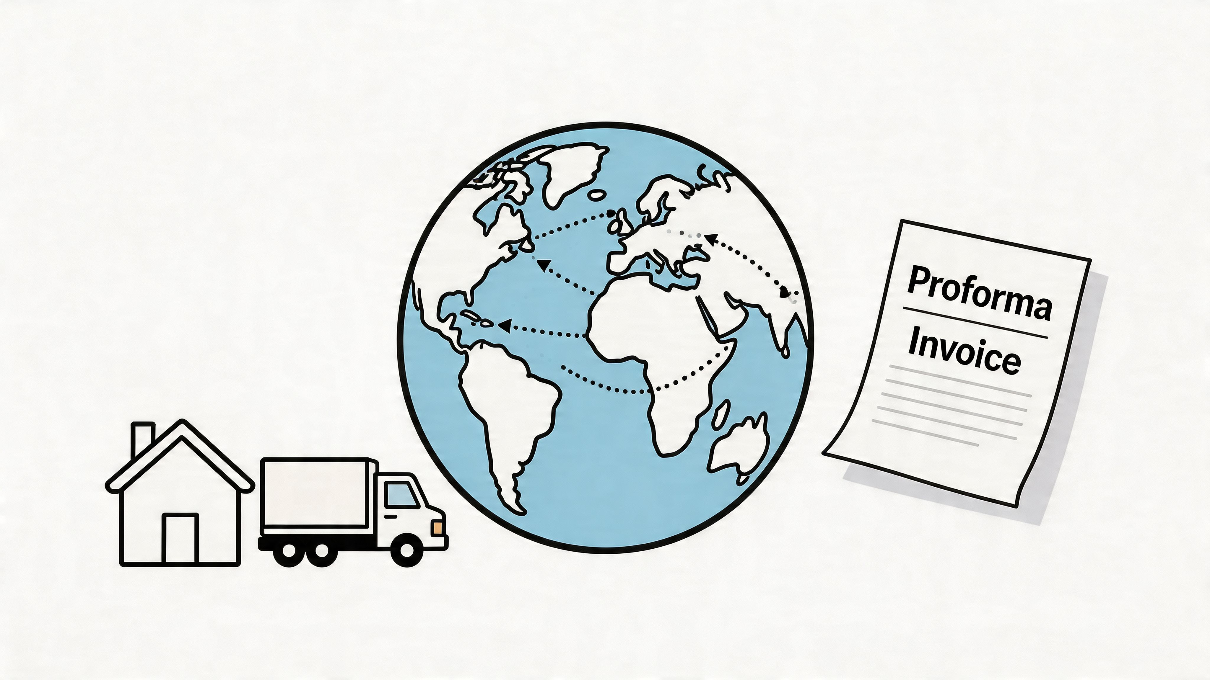 A conceptual illustration featuring a house, a delivery truck, a world globe, and a proforma invoice document.