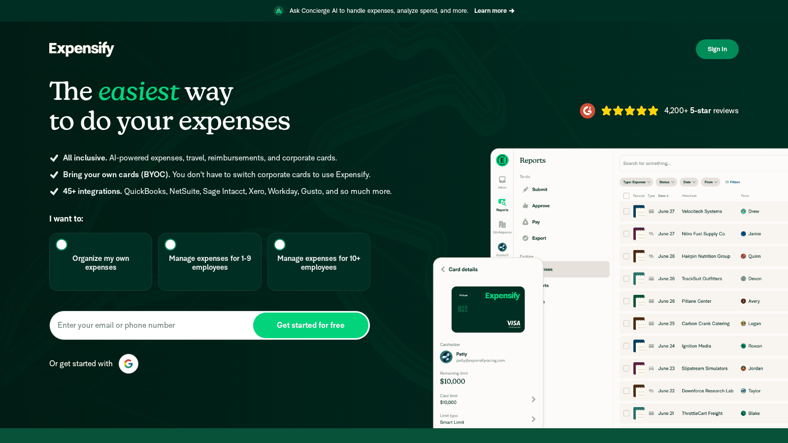 Expensify homepage showing expense reports with receipt thumbnails, merchants and submitters, next to a mobile card details screen.