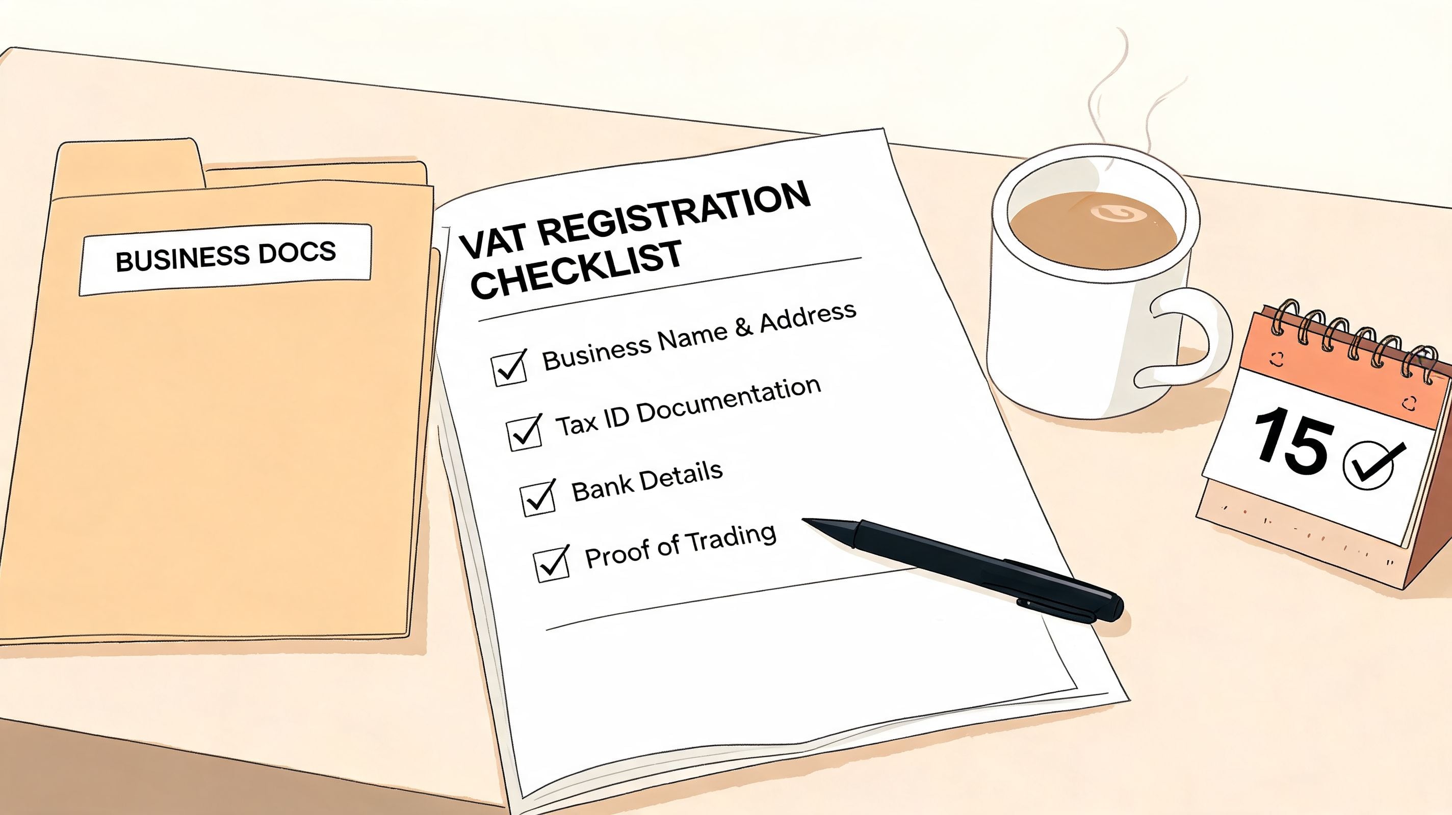 A checklist for VAT registration on a desk with a folder, a coffee mug, and a calendar.