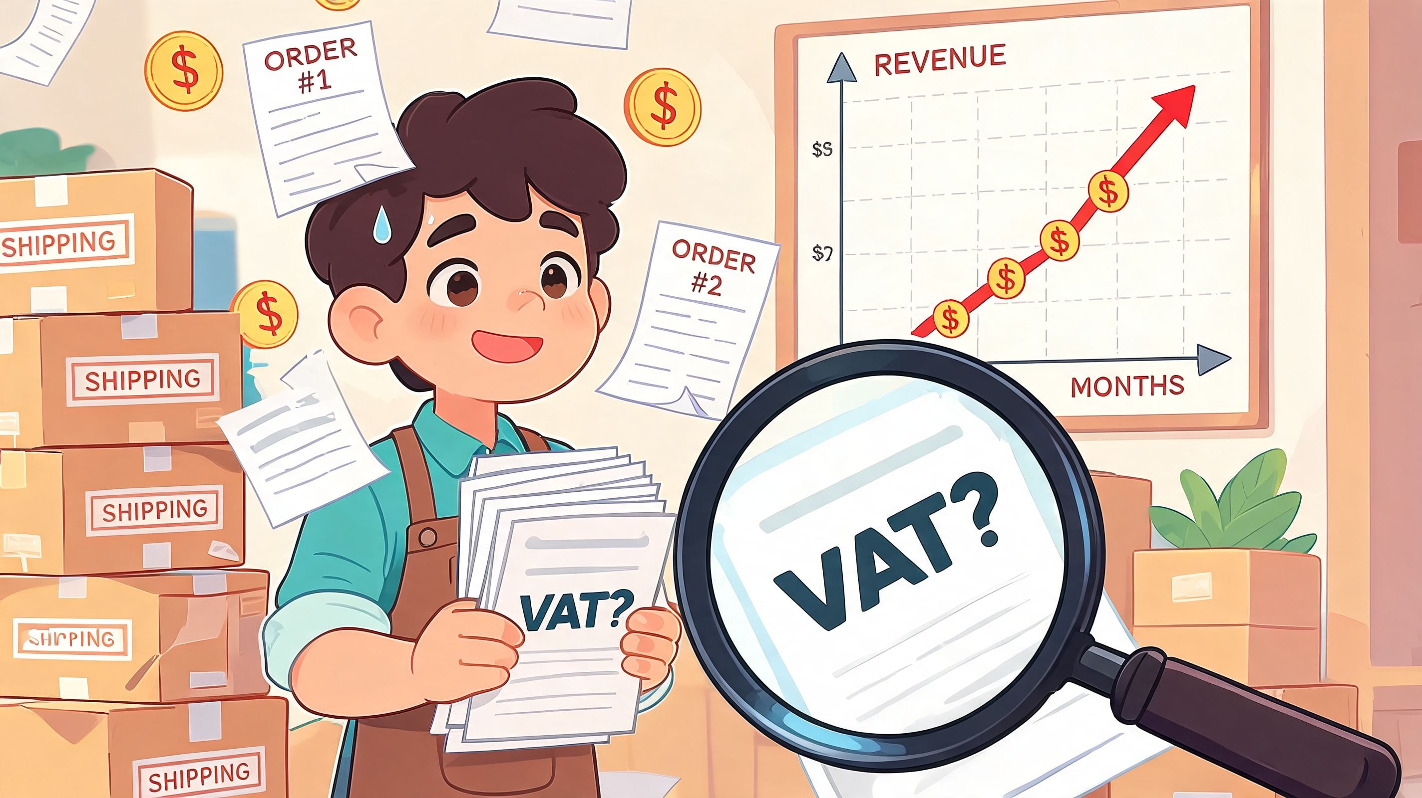 A cartoon business owner looking confused at tax paperwork labeled VAT while managing shipping boxes and revenue.