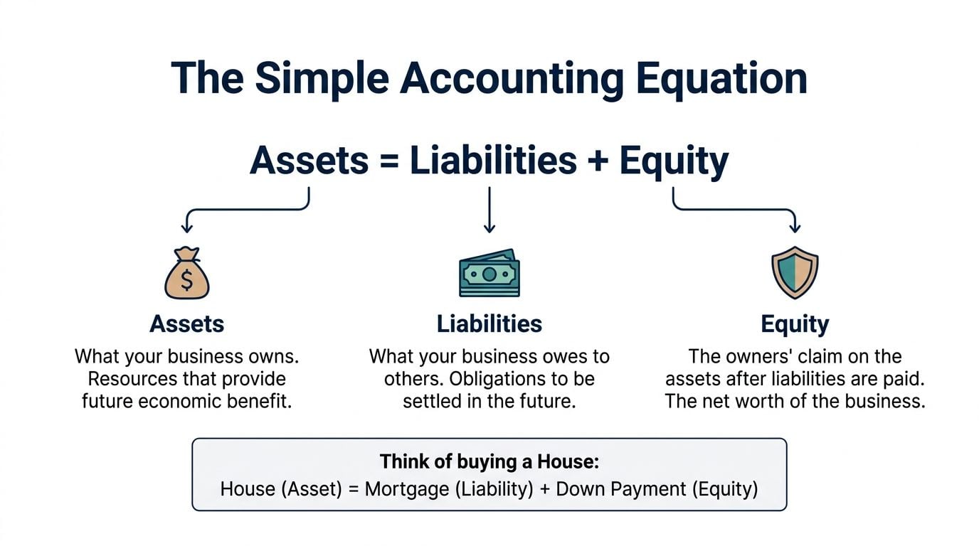 A diagram explaining the simple accounting equation of Assets equals Liabilities plus Equity with examples.