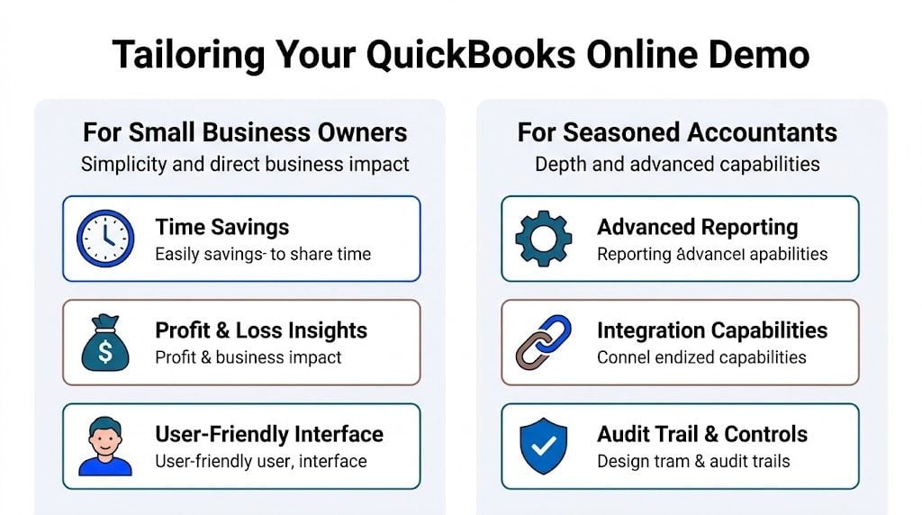 A comparison chart showing how to tailor a QuickBooks Online demo for small business owners and accountants.