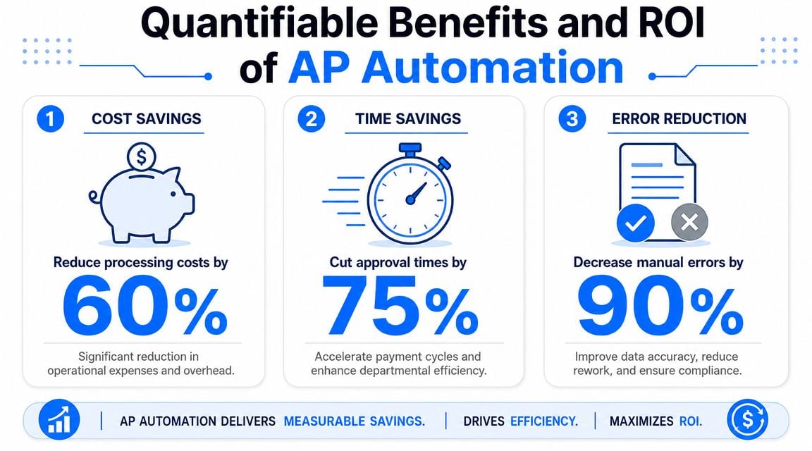 An infographic detailing the quantifiable benefits of AP automation, including cost, time, and error reduction statistics.