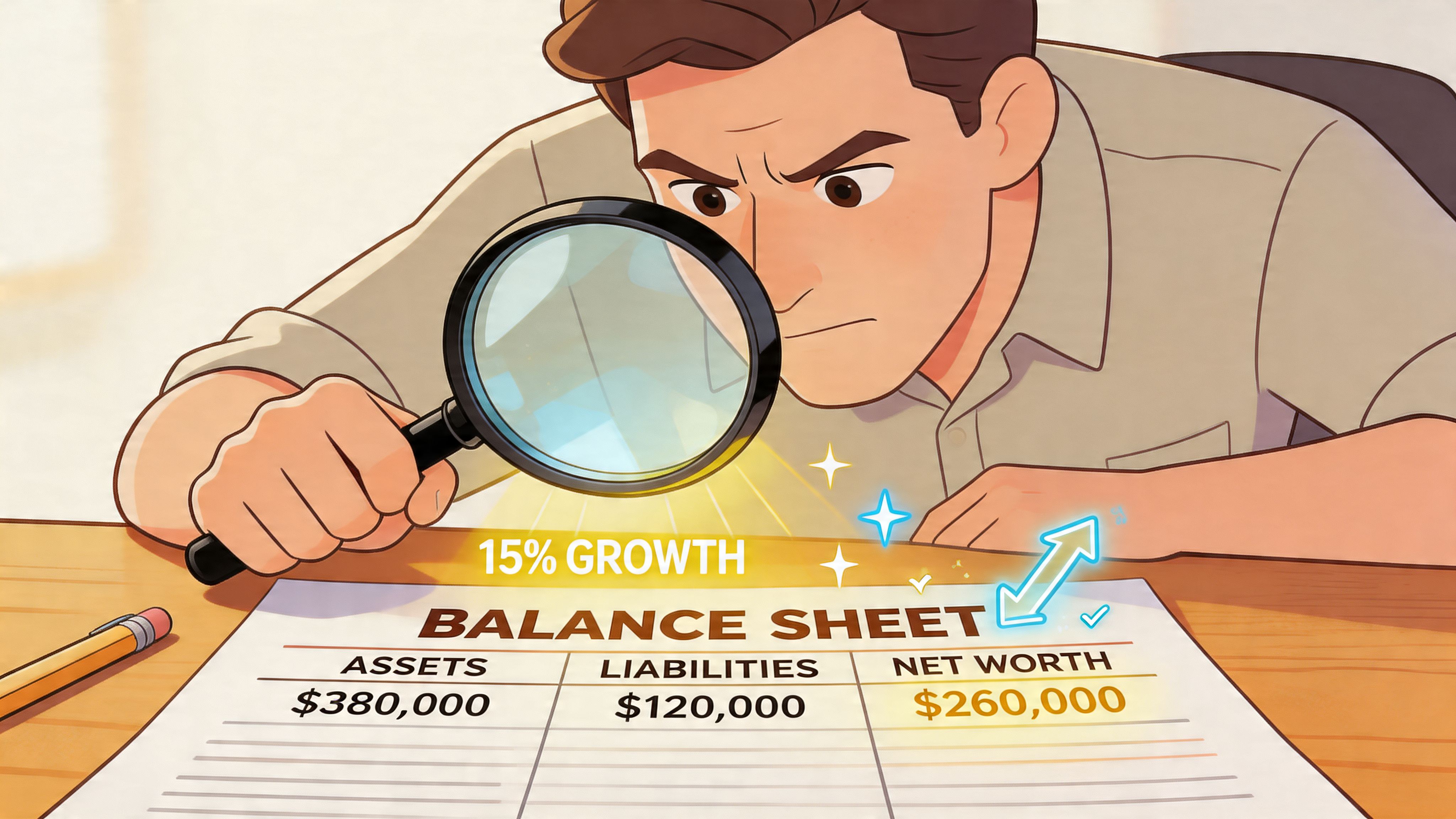 A man examines a balance sheet showing assets, liabilities, and net worth with a magnifying glass.