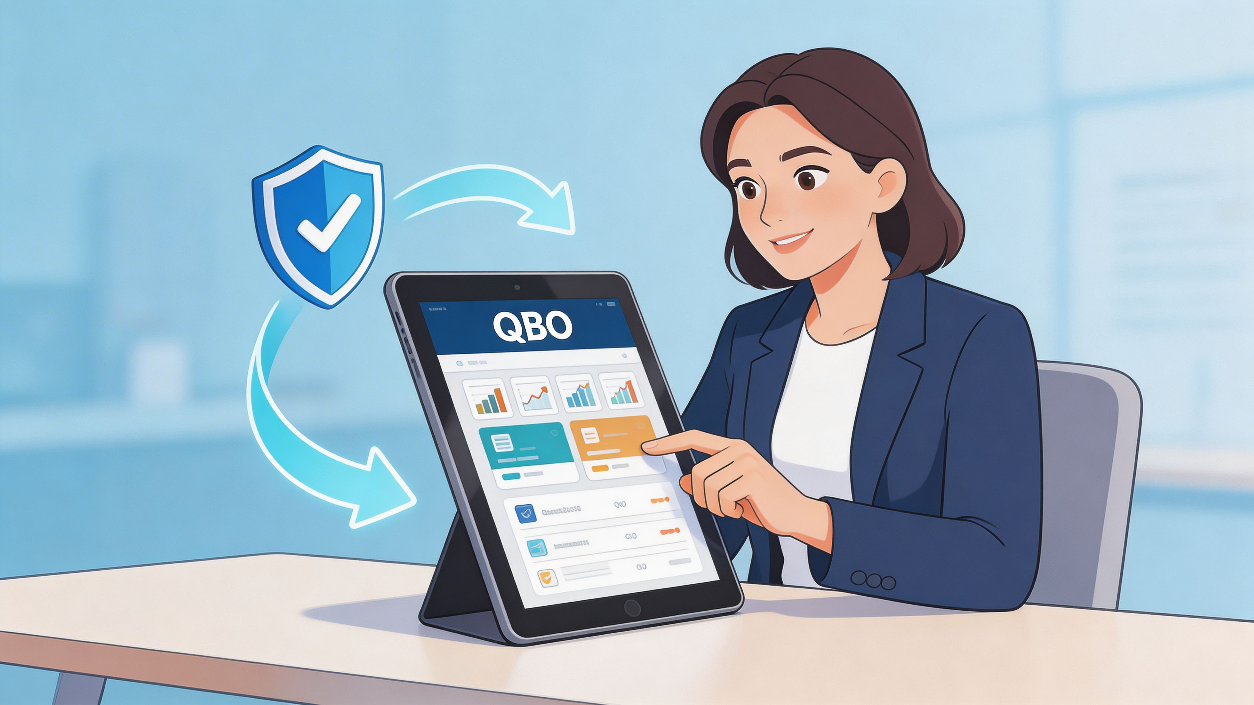 A professional woman interacting with a tablet displaying QBO accounting software with a security shield icon overlay.