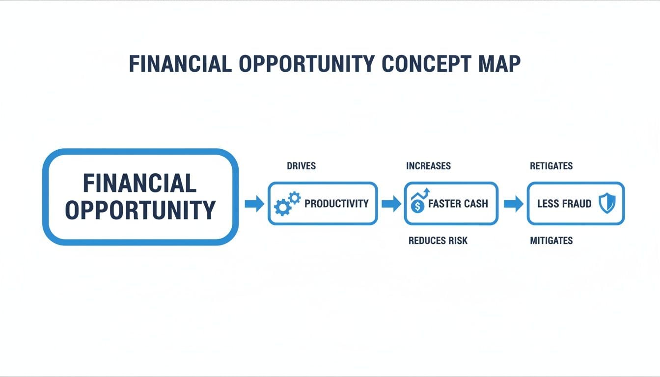 A concept map illustrating how financial opportunities drive productivity, increasing cash flow and reducing fraud.
