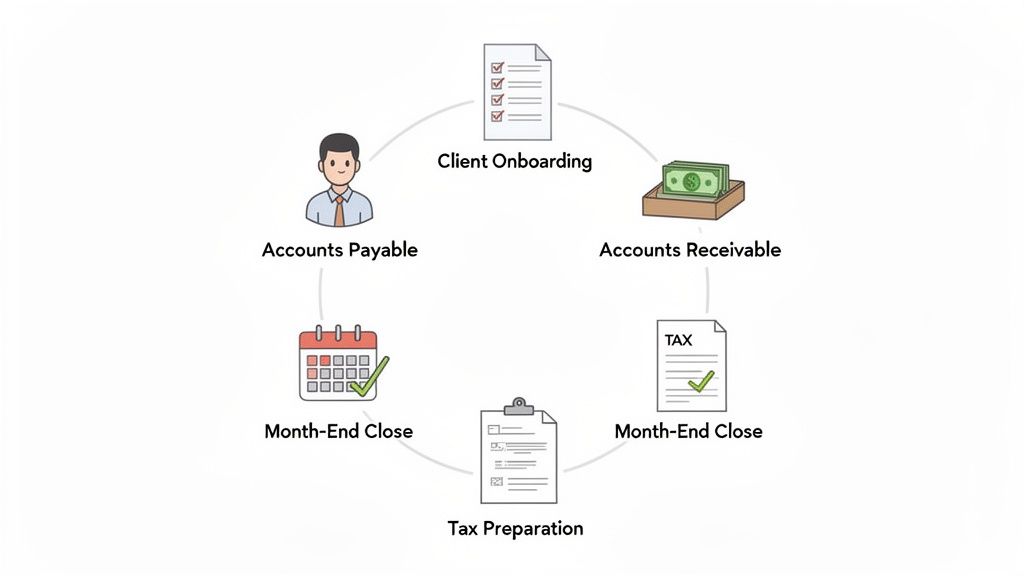 A circular diagram illustrating the complete accounting workflow including client onboarding, accounts, and tax preparation.