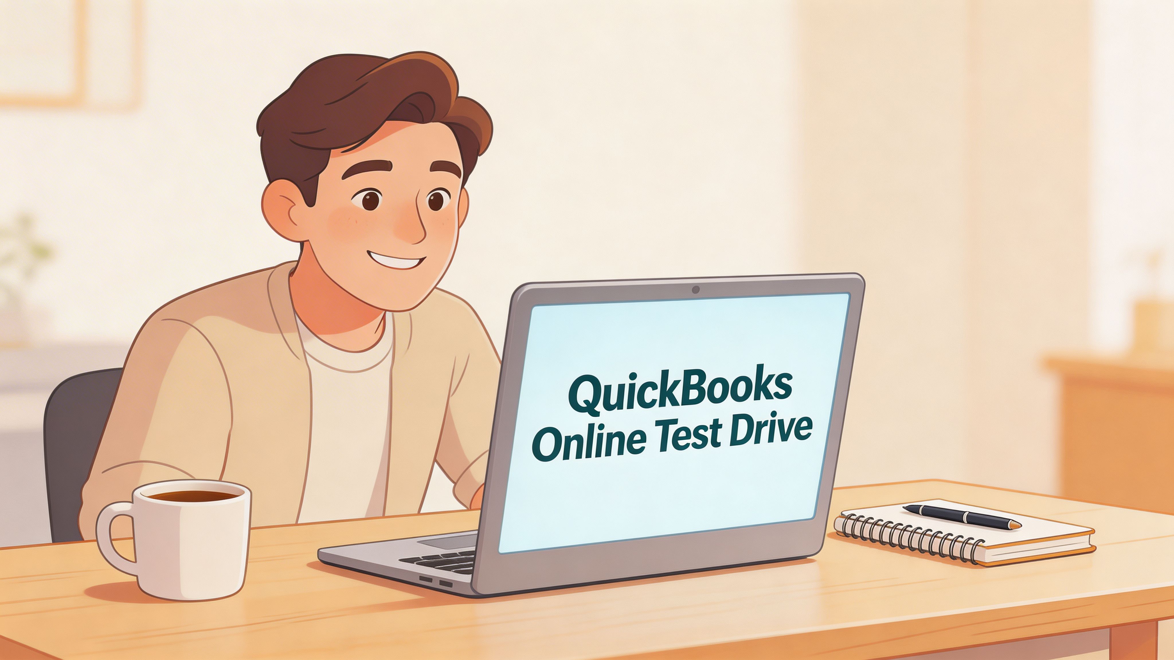 A happy young man sits at a desk looking at a laptop displaying QuickBooks Online Test Drive.
