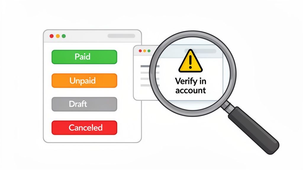An illustration showing invoice statuses: Paid, Unpaid, Draft, Canceled, with a magnifying glass to verify account.