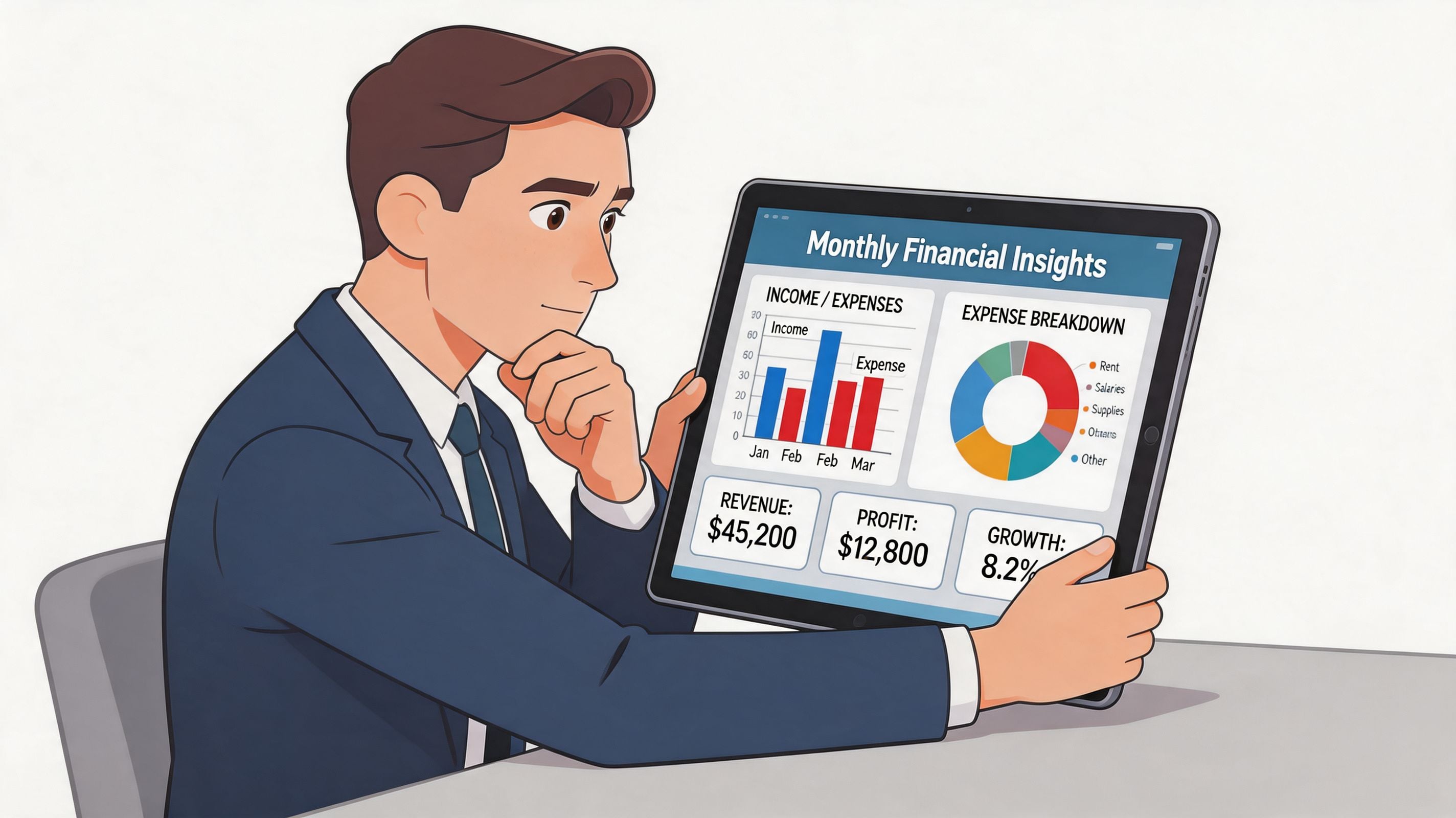 A professional man in a suit reviewing monthly financial insights on a tablet digital display.