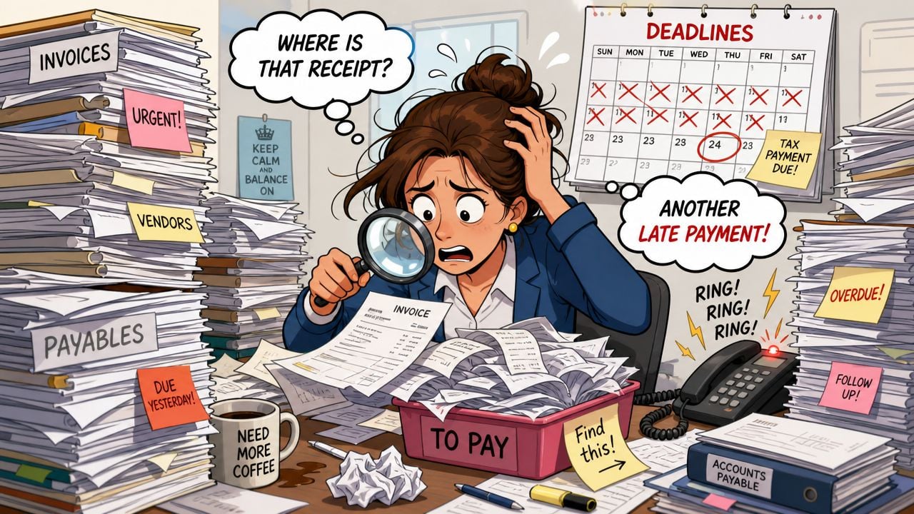 A stressed accountant overwhelmed by stacks of invoices and paperwork, struggling with accounts payable and missing receipts.