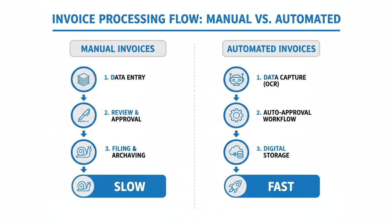 Flowchart comparing manual invoice processing (slow) with automated invoice processing (fast) showing key steps.