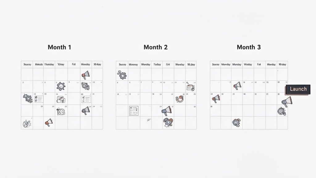 A three-month business planning calendar with icons representing tasks, meetings, and marketing strategies for growth.