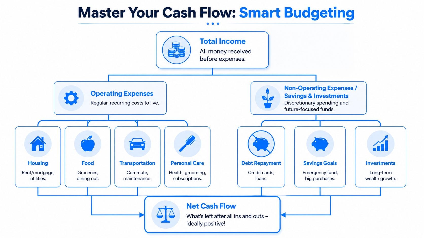 A diagram illustrating a budget framework with income, operating expenses, non-operating expenses, and net cash flow.