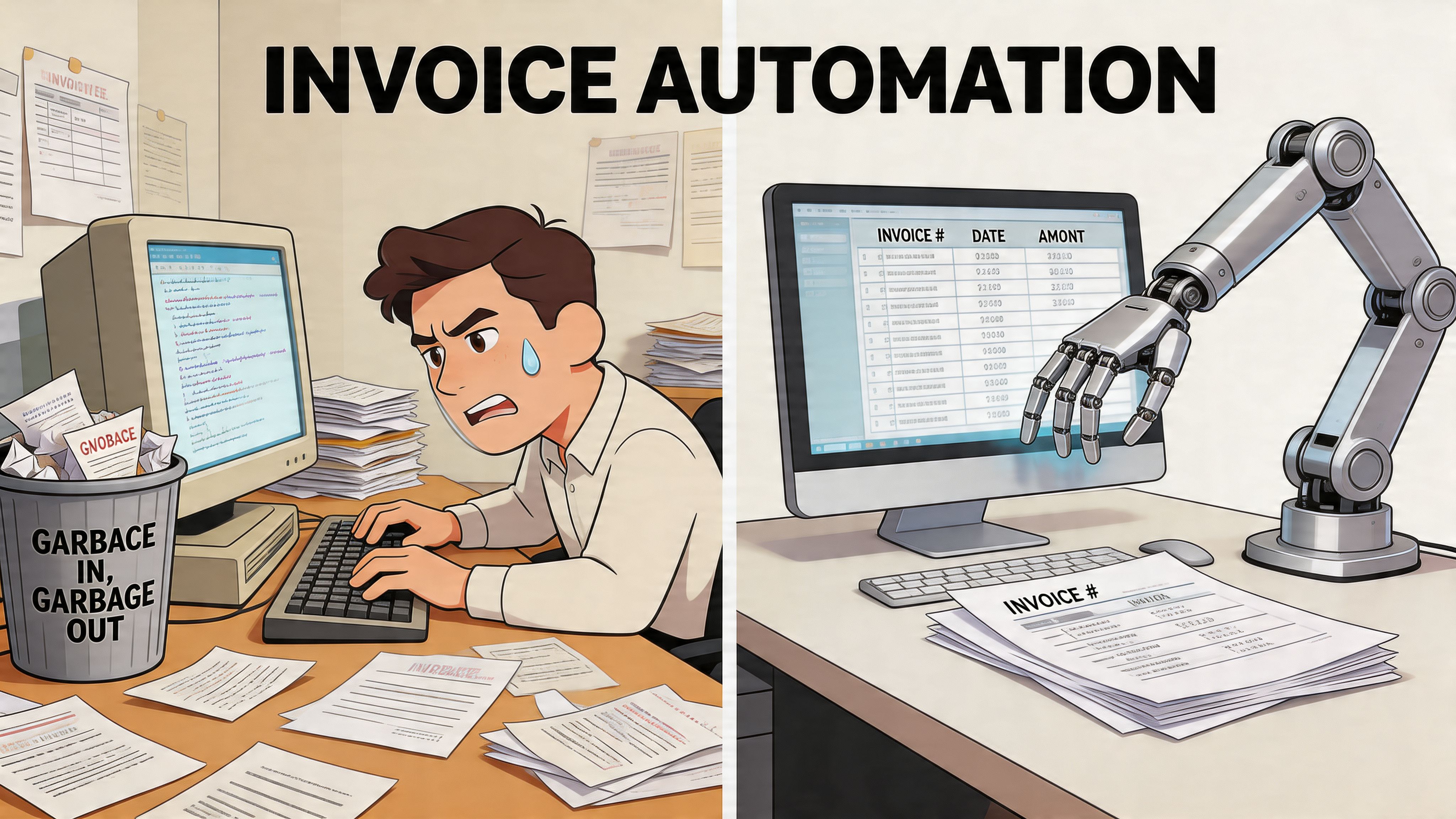 A comparison showing a stressed worker overwhelmed by paperwork versus an automated robotic system handling invoice data efficiently.