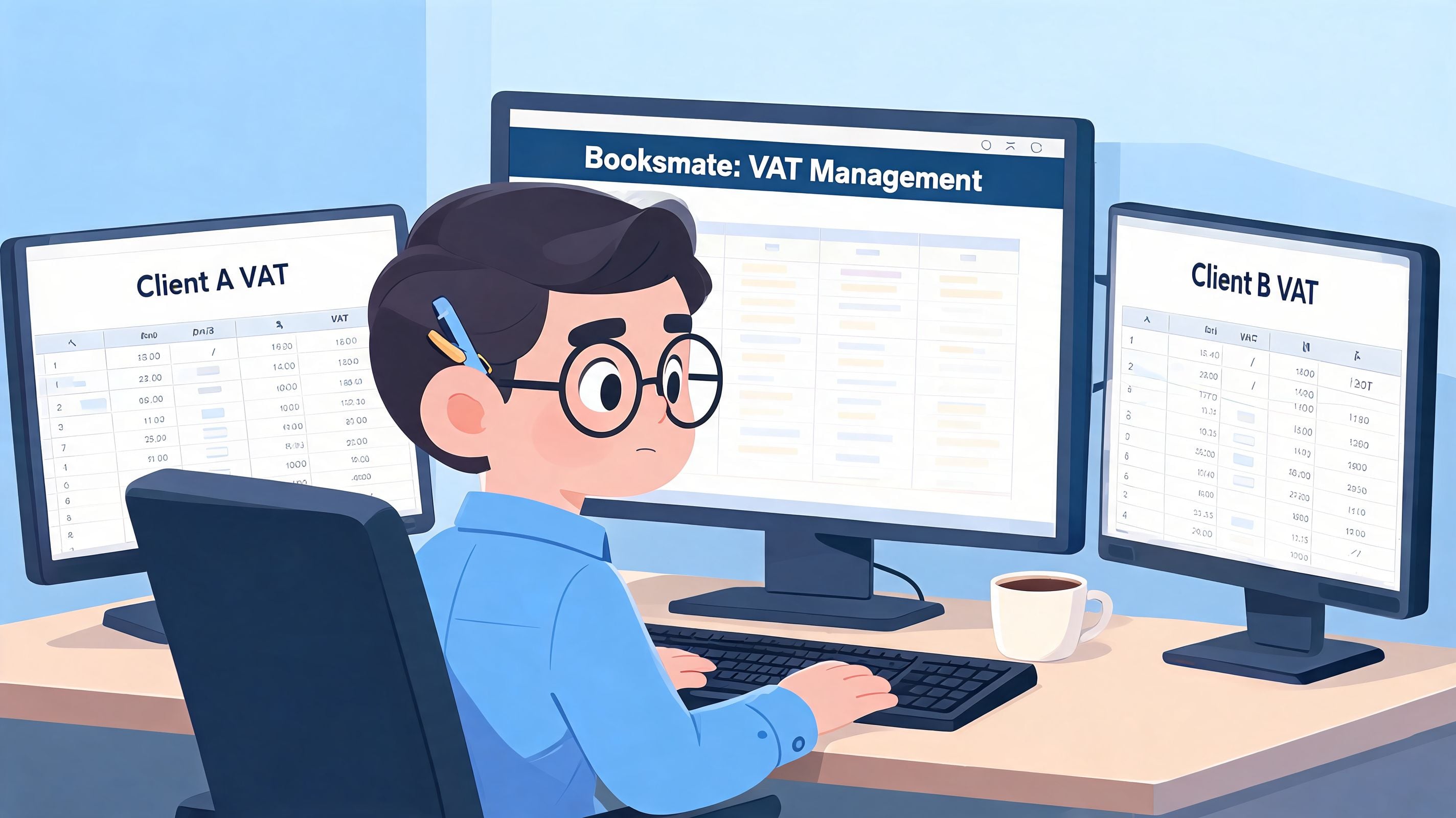 An office worker manages VAT documentation for multiple clients across three computer monitors in a digital workspace.