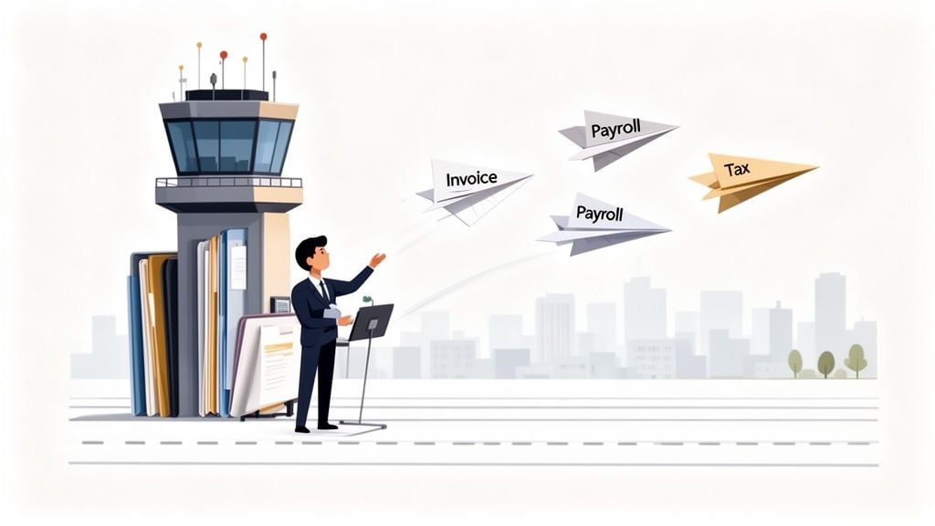 An accountant manages invoices, payroll, and tax (paper airplanes) from an office control tower made of books.