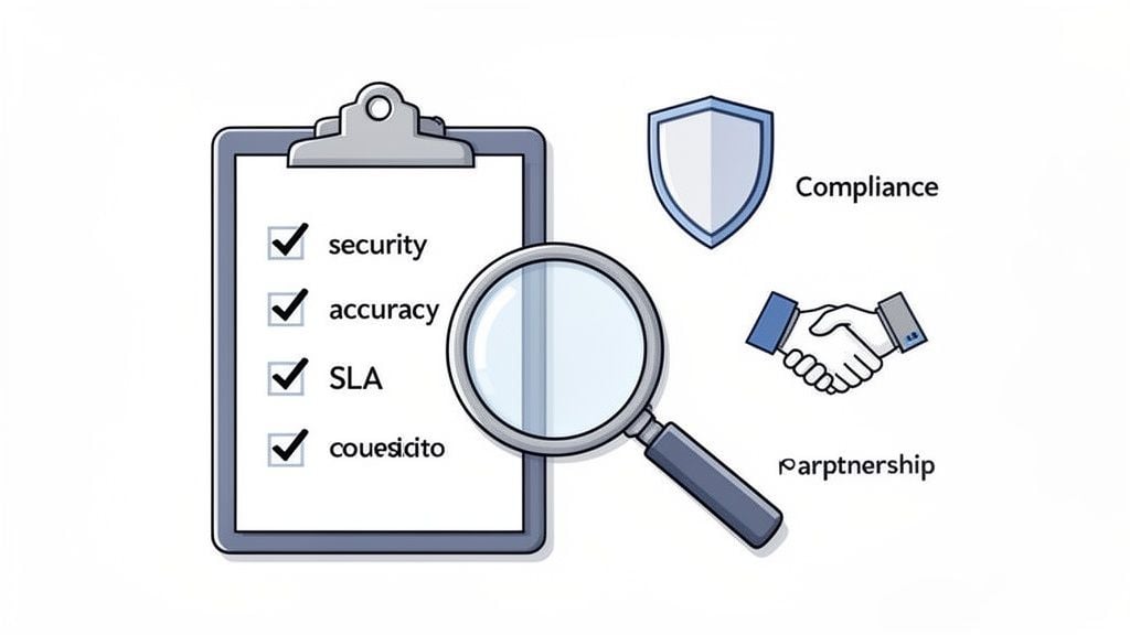 A graphic representing data security, accuracy, SLA, compliance with a shield, and partnership with a handshake.