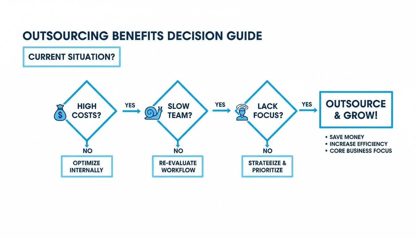 Decision guide flowchart on outsourcing benefits, addressing high costs, slow teams, and lack of focus for growth.