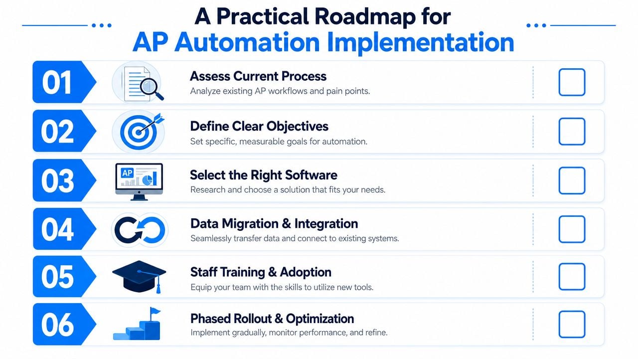 A six-step checklist for AP automation implementation starting from assessing current processes to phased rollout and optimization.