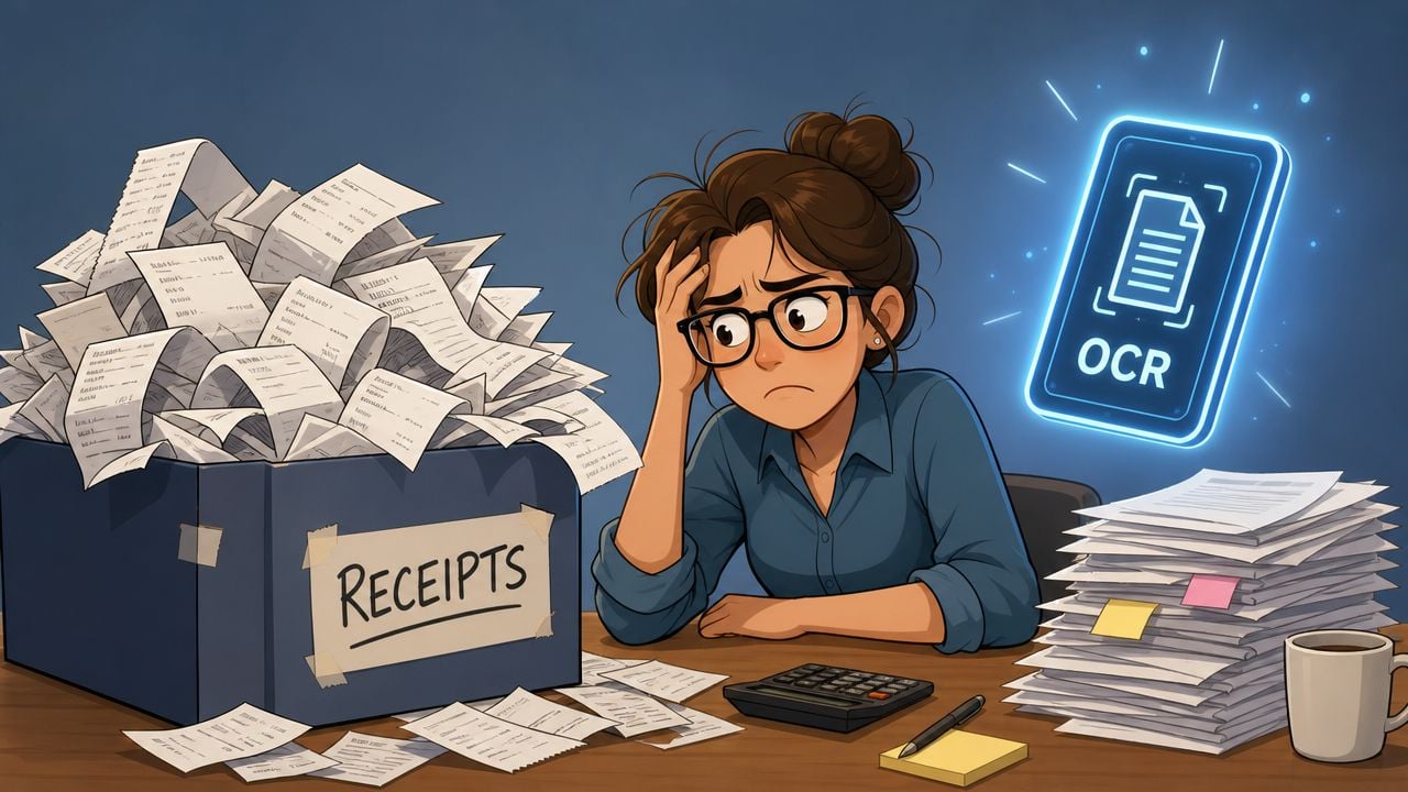 A stressed woman sits at a desk overwhelmed by a large box of receipts and paperwork.
