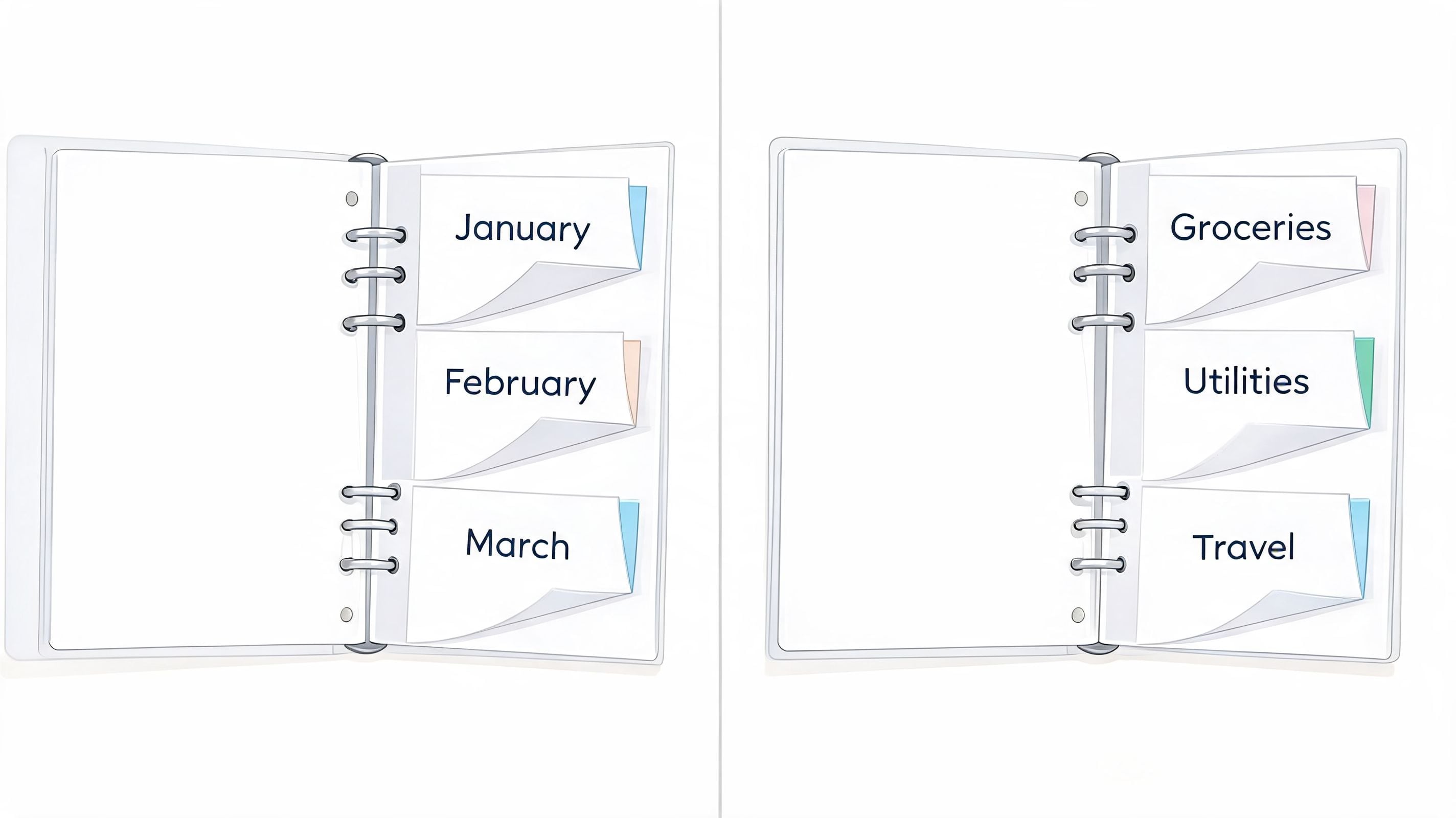 Two open binders with labeled divider tabs for months on the left and categories on the right.