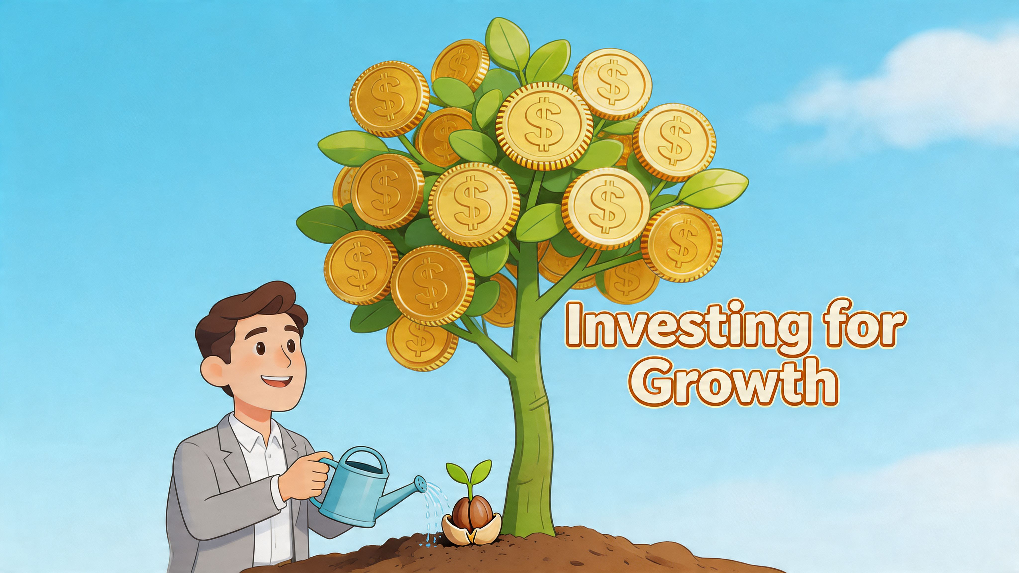 A man in a suit watering a tree that is growing golden dollar coins for financial growth.