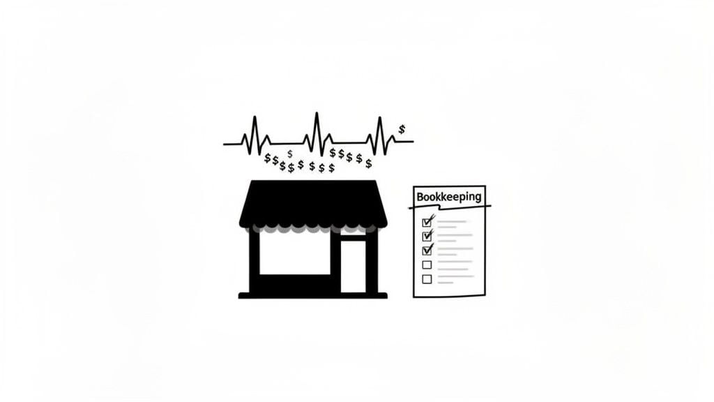 Illustration of a small business with financial heartbeat and a bookkeeping checklist being completed.