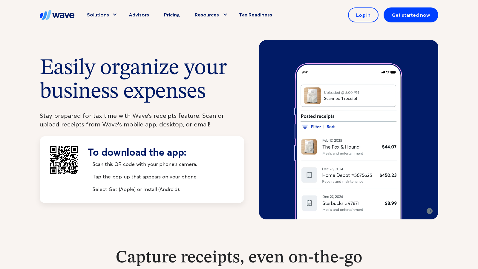 Wave Receipts page showing the mobile app with a scanned receipt and a list of posted receipts with merchants, categories and amounts.