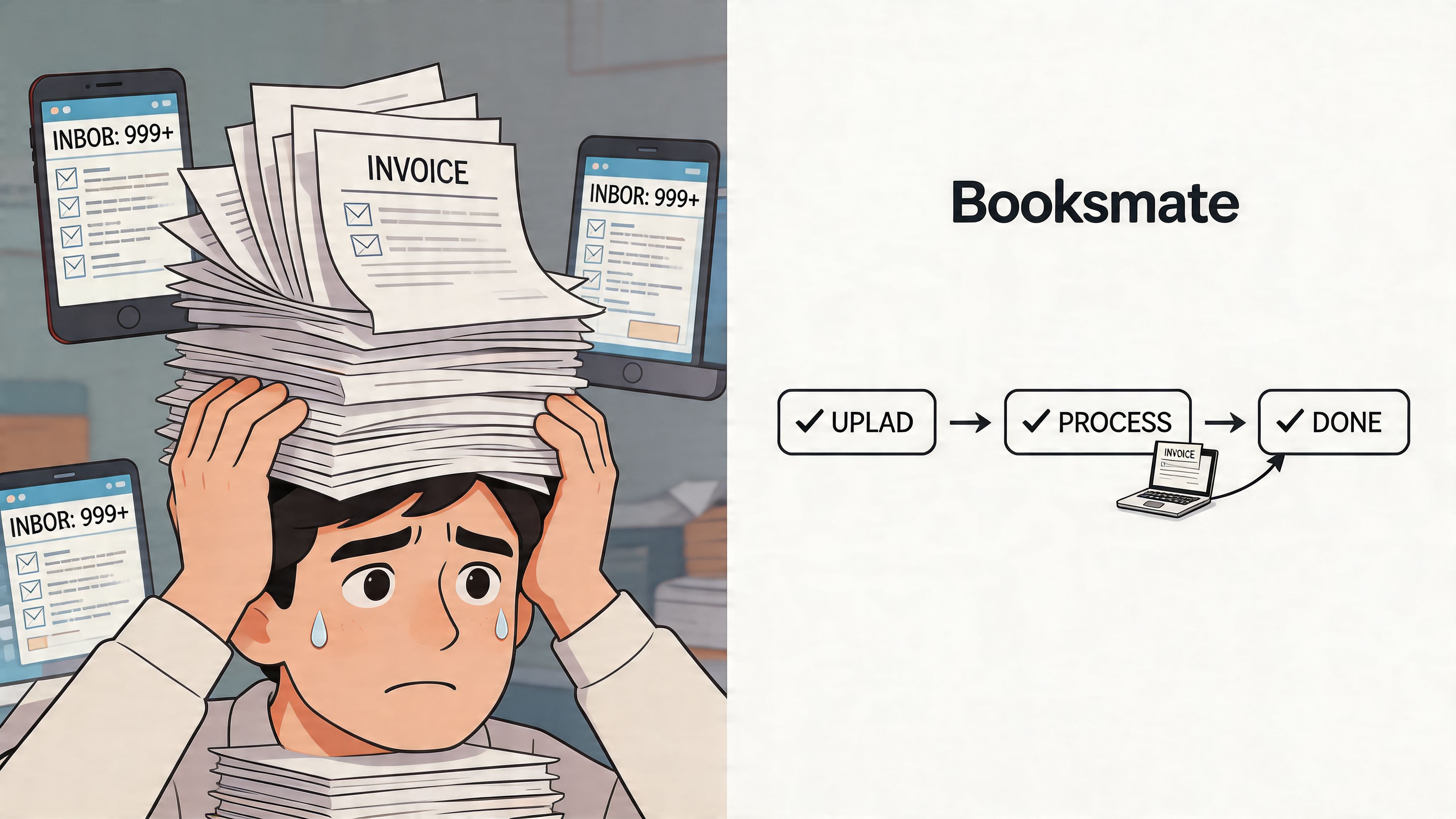 A stressed person buried under a large stack of invoices representing overwhelming manual accounting tasks.