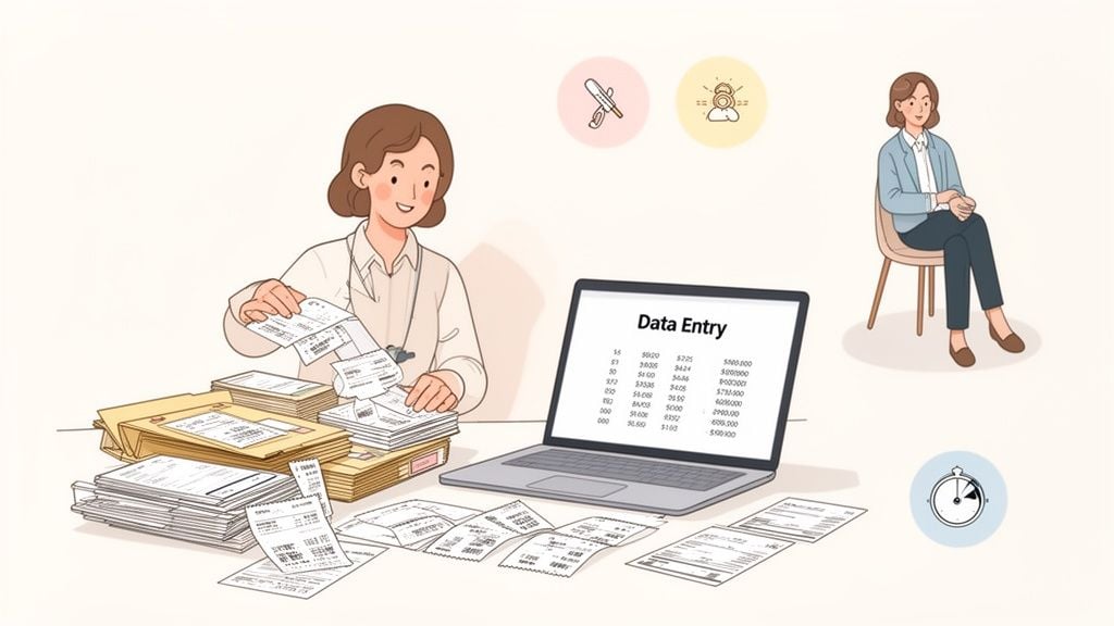 A woman sorts through many paper receipts for data entry next to a laptop.