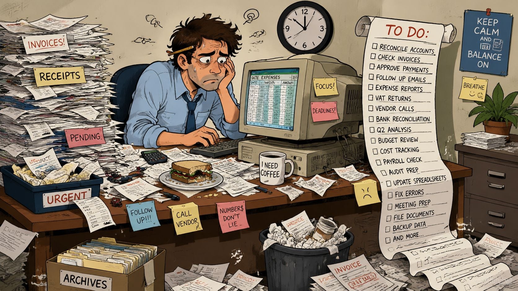 Stressed accountant overwhelmed by piles of paper invoices and urgent tasks in a chaotic office workspace.