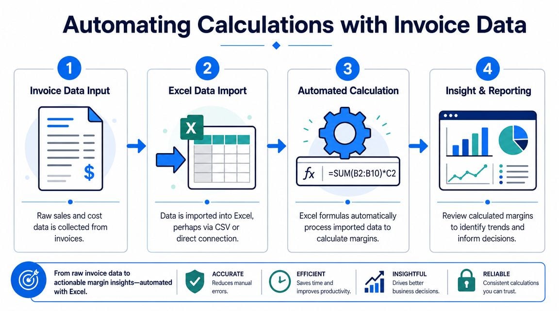 A four-step infographic illustrating how invoice data is processed into actionable business margin insights using Excel.