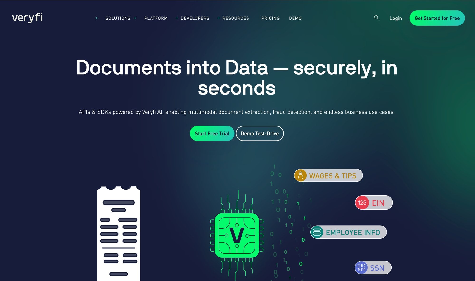Veryfi homepage banner showing documents transforming into secure data, with highlighted keywords like wages, EIN, and employee info.