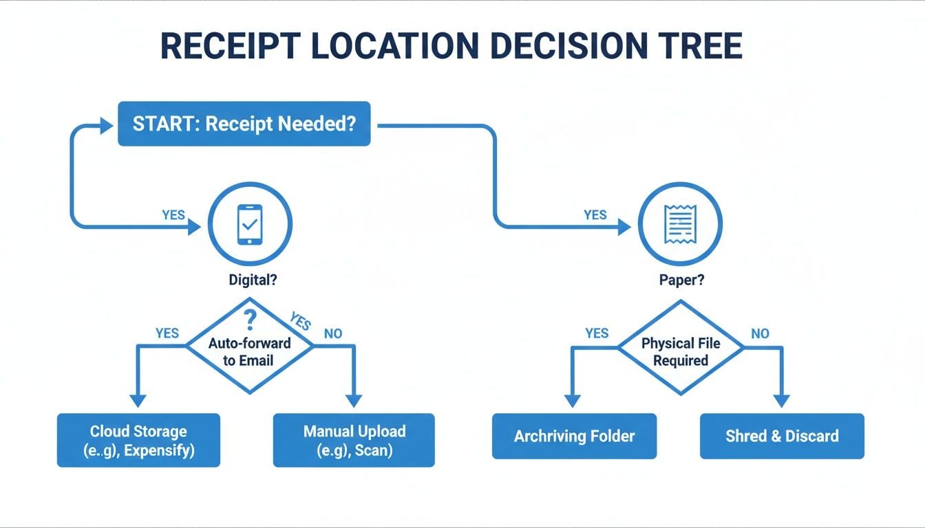 Flowchart for deciding where to store or dispose of receipts, distinguishing between digital and paper options.