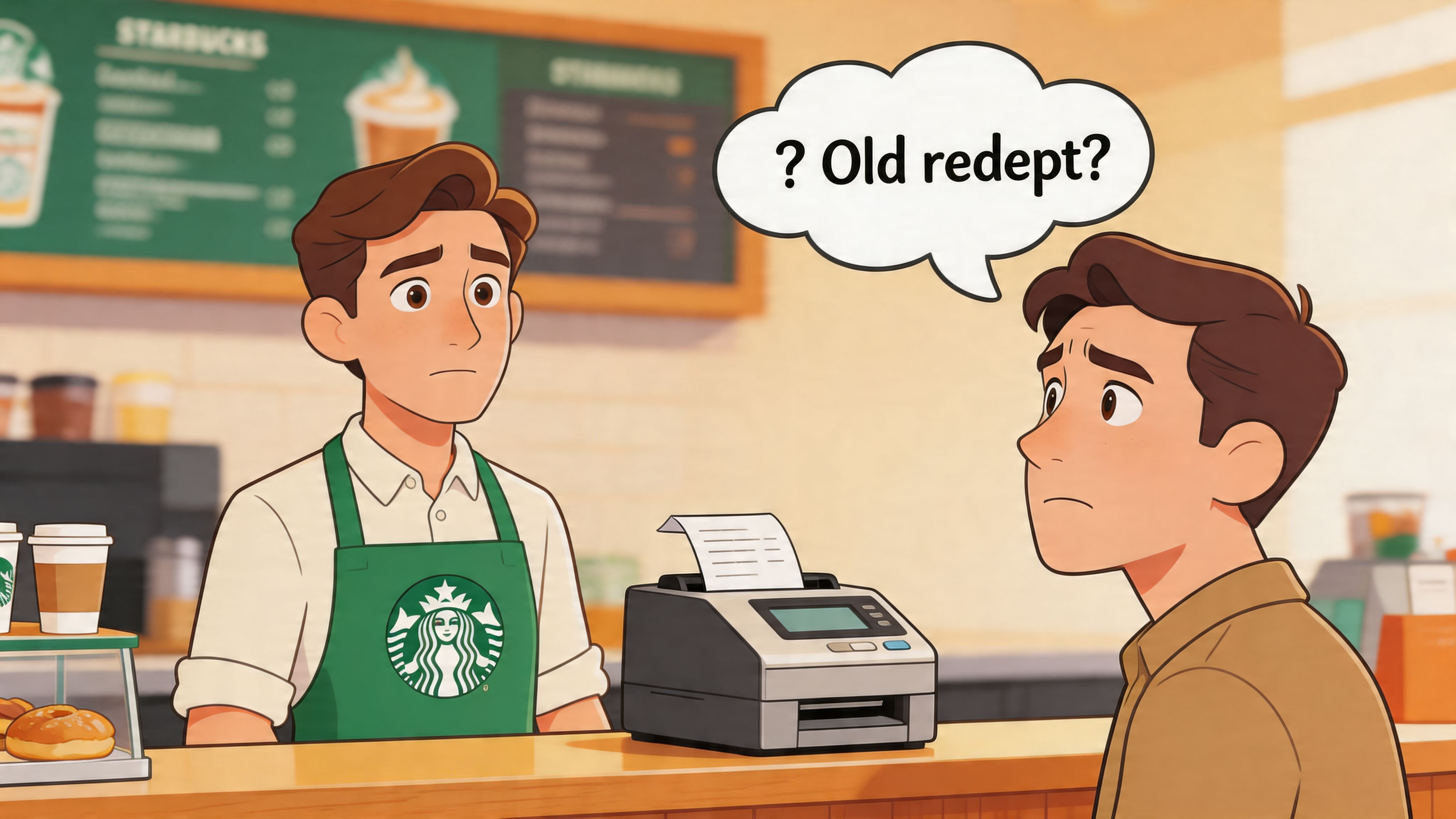 A confused Starbucks customer asks a barista about an old receipt in an animated style coffee shop.