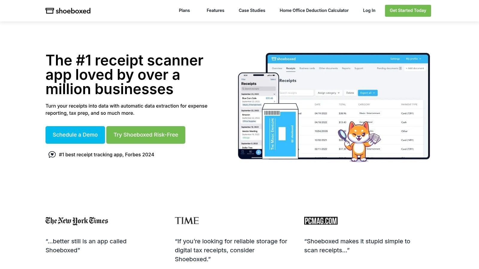 A landing page for Shoeboxed app, showcasing its receipt scanning, data extraction, and expense tracking features.