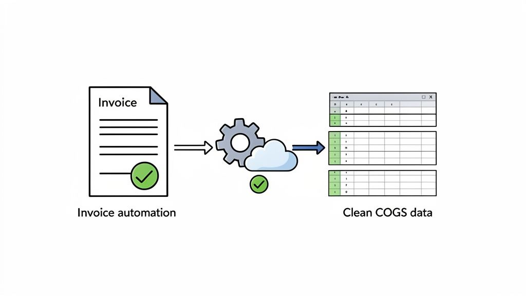 Workflow diagram: Invoice automation converts validated invoices into clean COGS data spreadsheets.