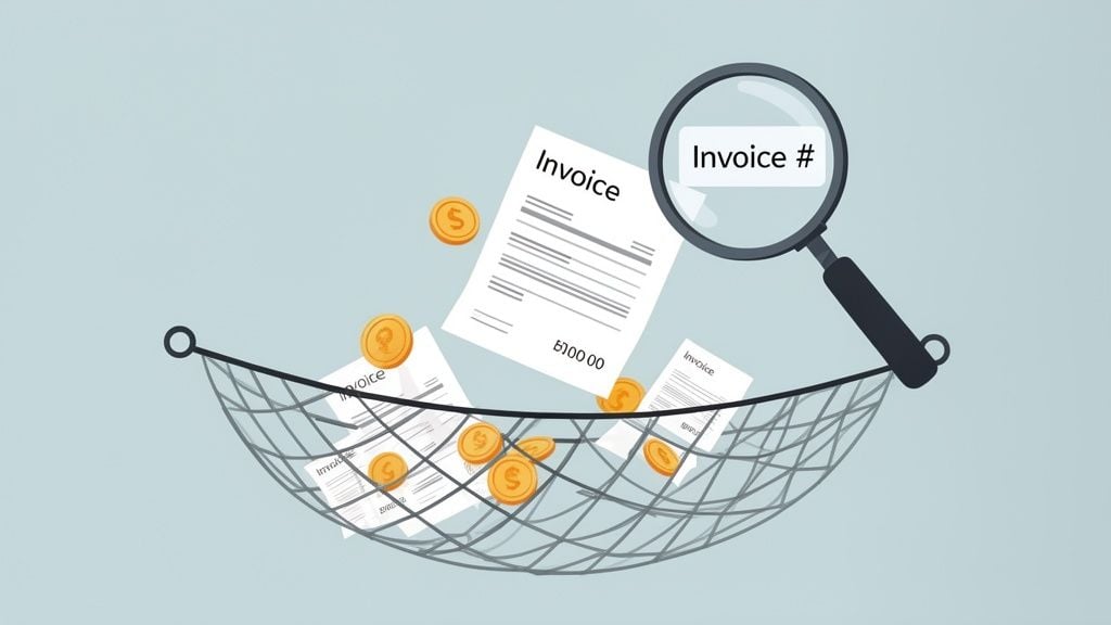 A magnifying glass inspecting an invoice number, with invoices and gold coins collected in a net.