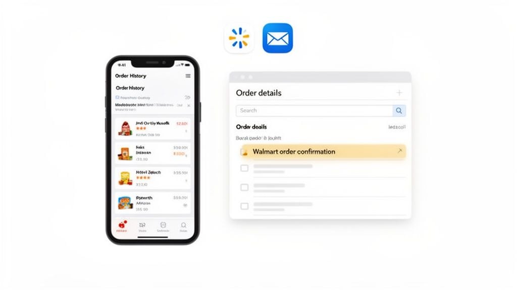 Digital receipt management with a phone's order history and a computer's Walmart confirmation.