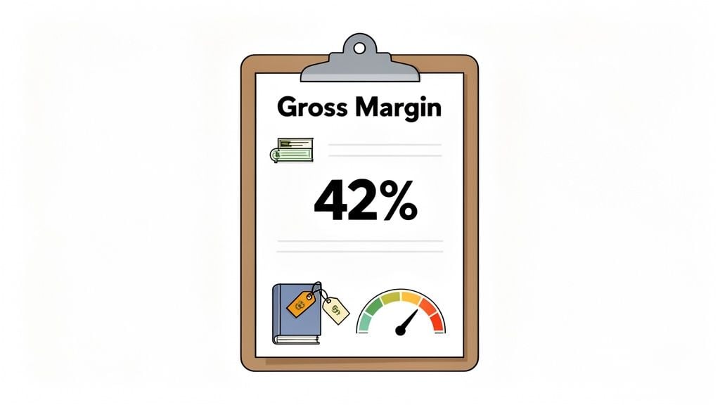 A clipboard displays 'Gross Margin' and '42%', with illustrations of money, a book, and a gauge.