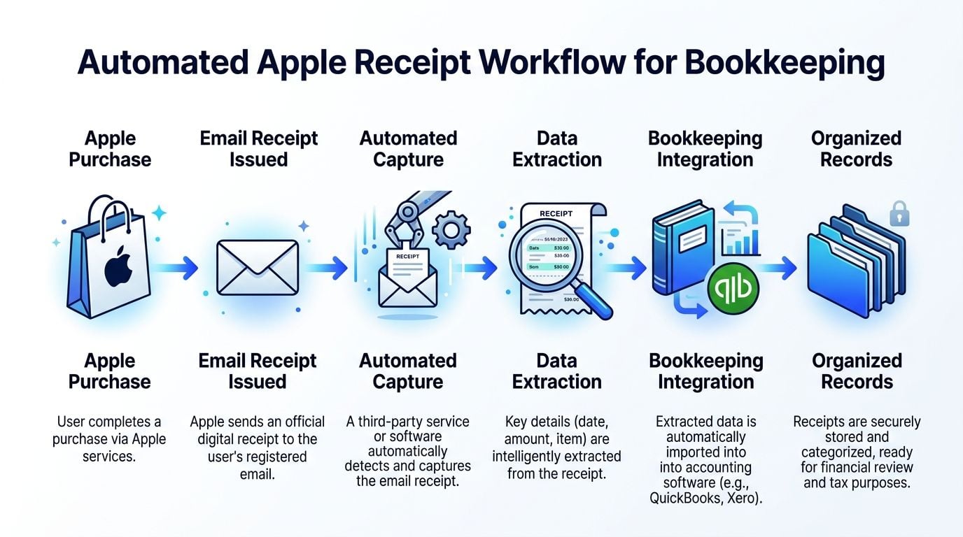A diagram illustrating the automated workflow for managing and bookkeeping Apple digital receipts for financial records.