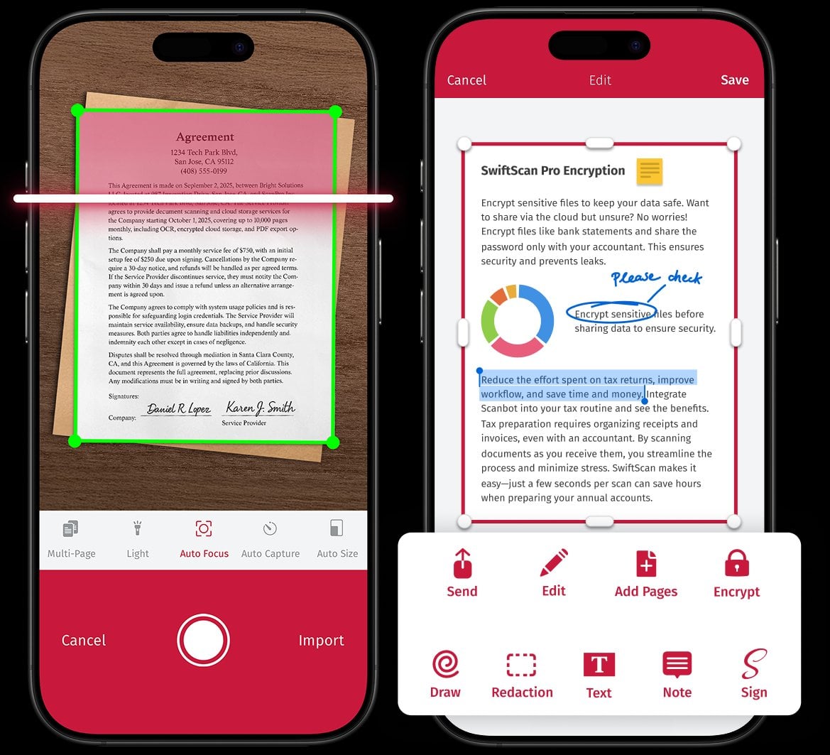 Two smartphone screens show a document scanning app, from capturing a paper document to editing features.